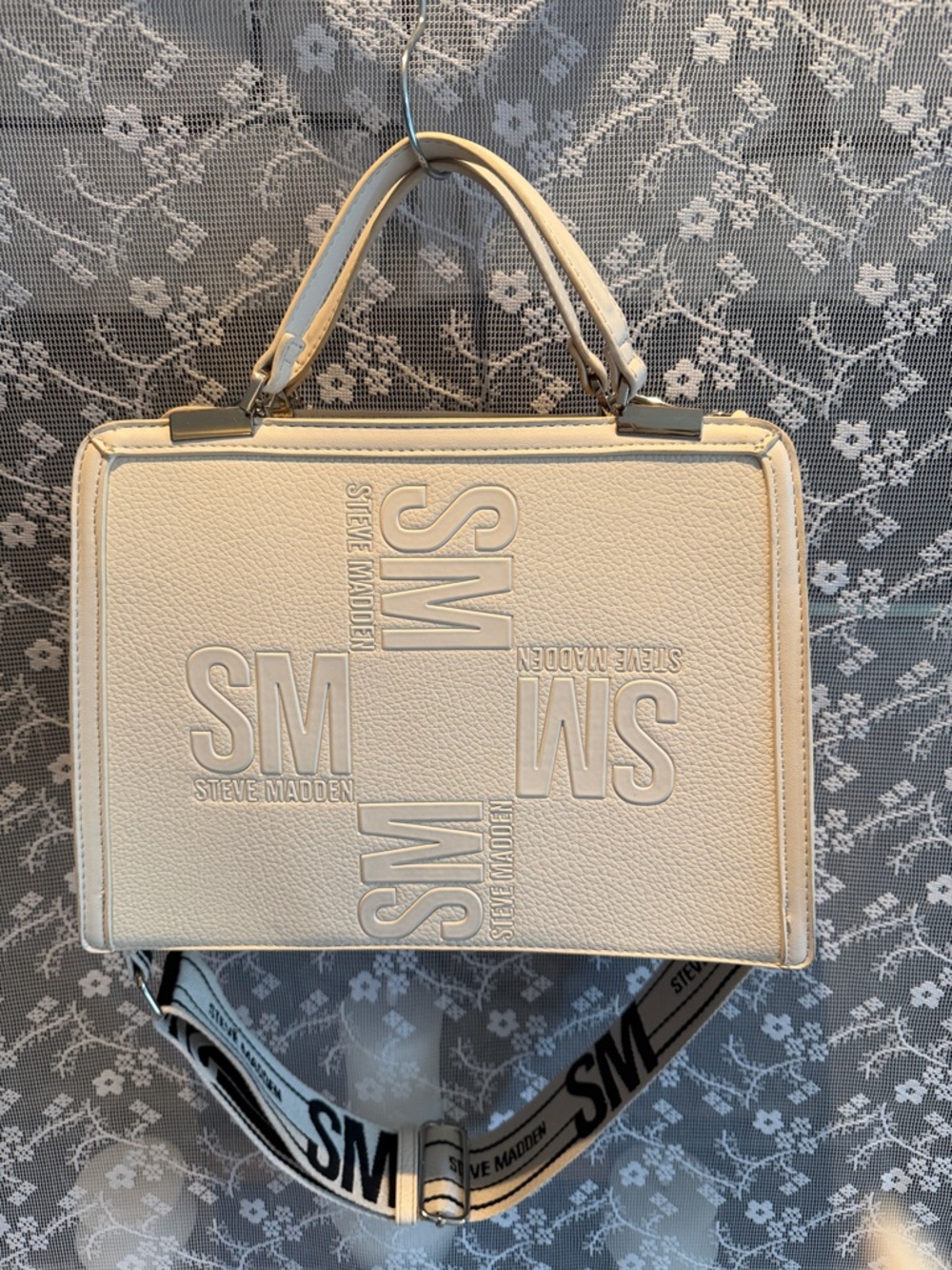 Steve Madden Cream Embossed SM Logo Satchel with Branded Strap